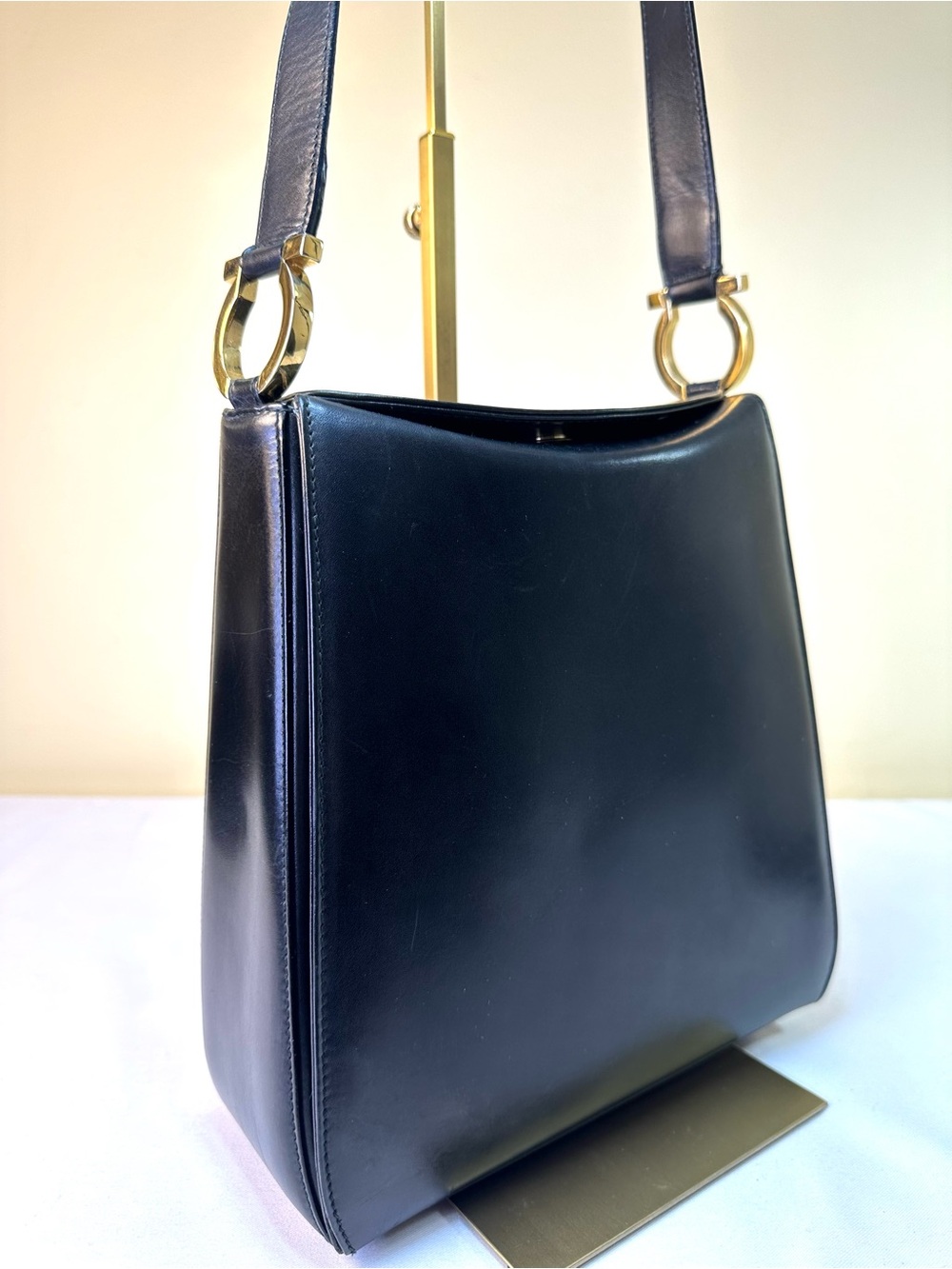 Salvatore Ferragamo Black Calfskin Leather Gancini Shoulder bag Italy